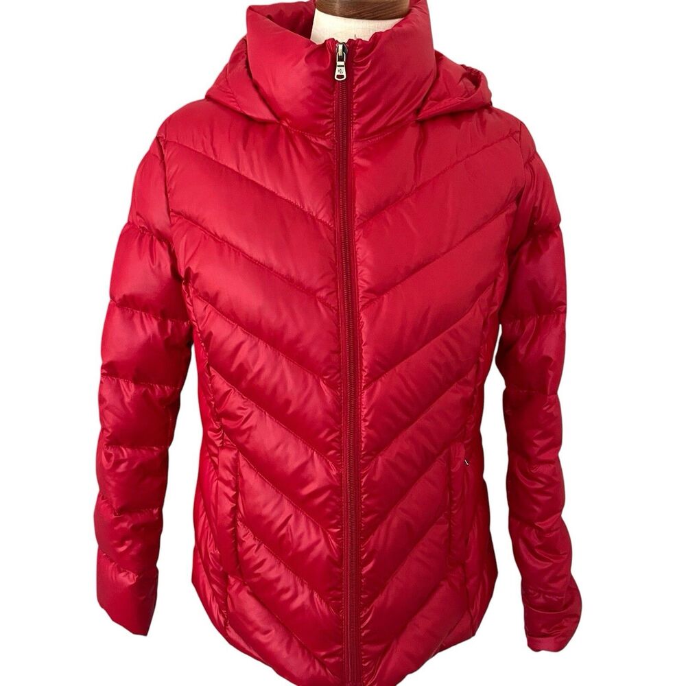 Lauren Ralph Lauren Puffer Down Jacket Canyon Red Hood Packable Pouch Medium NWT